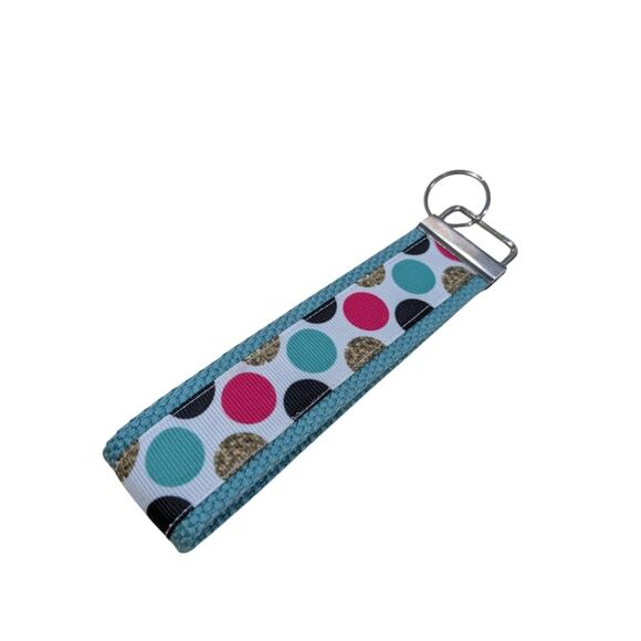 Polka Dot Keychain Wristlet Handmade Fabric Key FOB Teal Black Pink Gold Dots - Picture 6 of 7